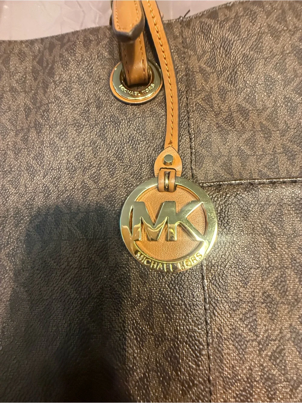 Michael Kors Jet Set East West Dark Brown Logo Tote with Cognac Straps